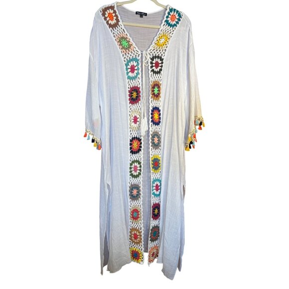 White Mark Plus Size Boho Crochet Kimono With Colorful Tassels & Floral Pattern - Picture 1 of 9